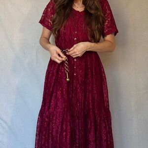 90s Burgundy/Maroon Lace Button Up Whimsigoth Maxi Dress